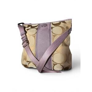 B5. Coach Signature Striped Crossbody Lavender /Tan Canvas W/Patent leather Trim